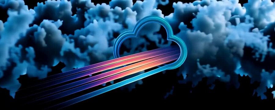 a logo with a cloud icon and glowing lines, a vector graphic illustration on a black background, a gradient color style, digital art technology, colorful cartoon design elements Generative AI