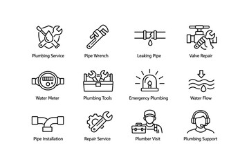 Plumbing icons: tools, services, and repairs in simple line art