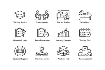 Educational icons set illustrating tutoring services and academic support concepts