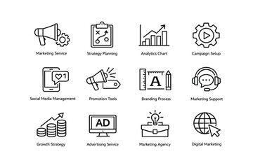 Marketing and strategy icons: analytics, social media, branding, advertising, digital tools
