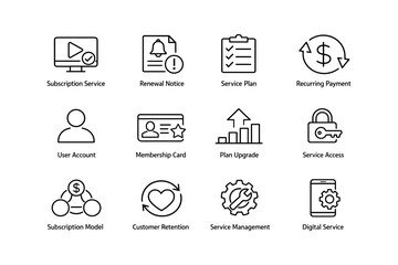 Subscription and service icons: renewal, membership, payment, access, management