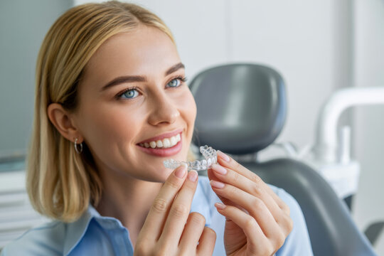 Invisalign orthodontics, modern dentistry concept. Happy young attractive blonde woman holding invisible braces or trainer while sitting at dental chair, closeup portrait, copy space 
