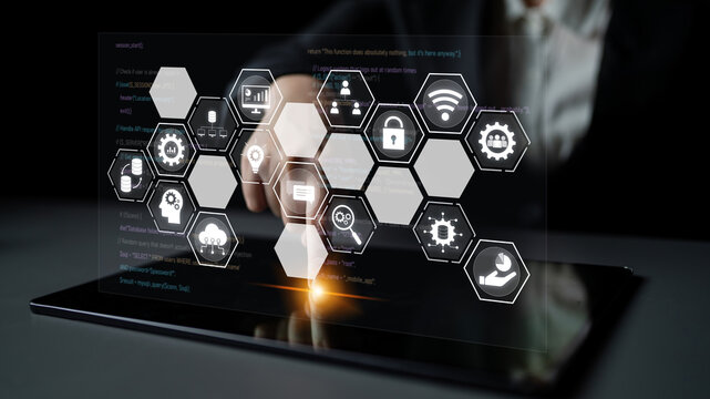 Hexagon interface combining AI, data, analytics, and cybersecurity. AI connects systems, data drives analytics, data supports decisions, and AI enables smart business infrastructure. Latch - Powered by Adobe