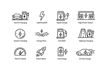 Obraz premium Electric vehicle charging icons: fast charging, energy flow, power boost, ev station symbols