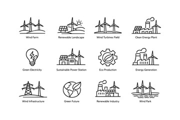 Naklejka premium Renewable energy icons: wind farm, solar panels, eco production