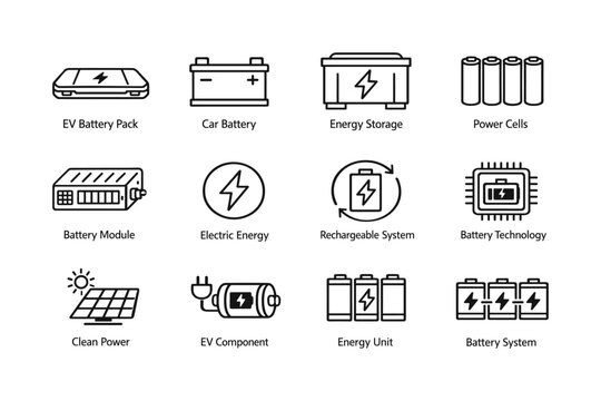 Electric vehicle battery components and energy storage icons