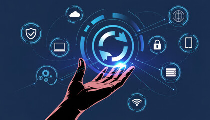 Digital transformation concept with hand interacting with sync icon among technology symbols on modern digital interface background. 
