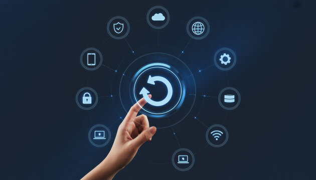 Digital transformation concept with hand interacting with sync icon among technology symbols on modern digital interface background. 
 - Powered by Adobe