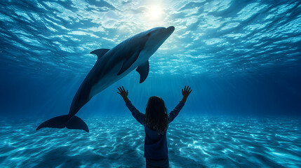 Obraz premium Woman feeling wonder underwater swims with friendly dolphin. Blue ocean background with bright sunbeam from above