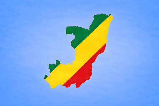 Republic of the Congo Map with National Flag Colors on Blue Background