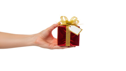 Hand Holding Red Gift Box With Ribbon Isolated on Transparent Background