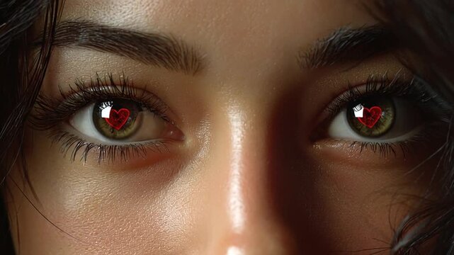 Close-up of a young woman&rsquo;s face, her captivating eyes glowing with red hearts, expressing deep emotion and intensity.