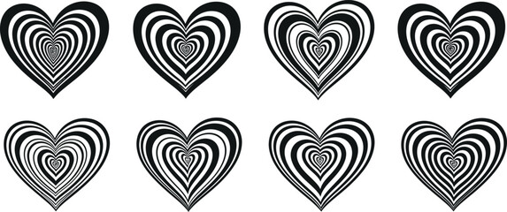 Valentine's day black and white heart designs isolated on transparent background