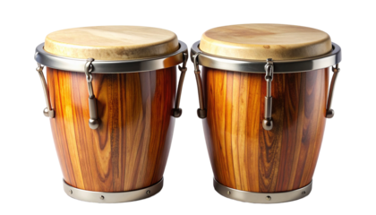 Pair of classic wooden conga drums, a traditional Afro-Cuban percussion instrument. Detailed studio shot with natural wood grain and metal hardware, isolated with a transparent background.