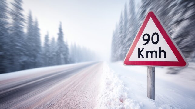 Snowy road with a speed limit sign indicating 90 km h, surrounded by tall evergreen trees and a foggy winter atmosphere with soft lighting