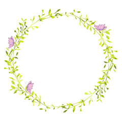 Fototapeta premium Watercolor green leafy wreath with small butterflies. Light spring floral frame for Easter cards, invitations, posters, nursery designs, and gentle seasonal decoration.