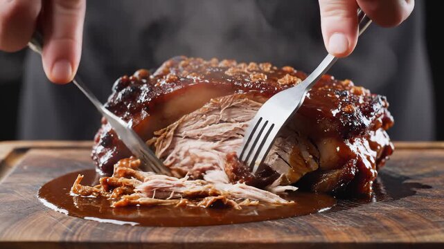 Chef Pulling Pulled Pork Roast With Two Forks on Wooden Board