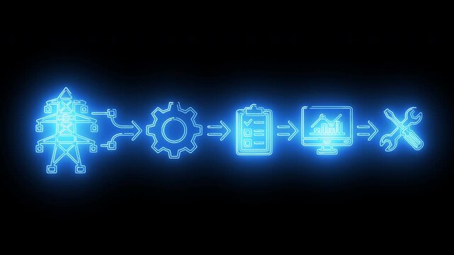 Neon-lit flowchart icons depicting a process from brainstorming to implementation on a black background with a futuristic and technological mood.
