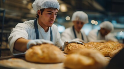 A professional bakery environment highlights teamwork, precision, and timing as workers manage proofing, baking, and cooling processes. cinematic color correction, natural uneven lighting yet