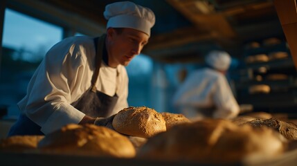 A modern bakery production space shows bakers shaping dough, monitoring ovens, and maintaining hygiene standards for consistent food quality. cinematic color correction, natural uneven lighting yet