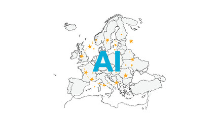 Fototapeta premium Artificial intelligence concept illustrated on a stylized map of Europe, highlighting key innovation hubs with golden stars, symbolizing technological advancement and digital transformation.