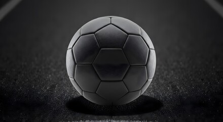 Black soccer ball on dark background with shadow, sports equipment