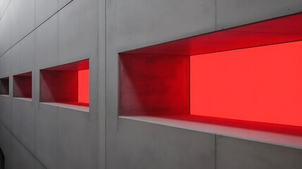 Modern architectural design features rectangular cutouts with red lighting in a minimalist gray wall, creating a striking visual contrast