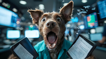 High energy funny dog stockbroker shouting in finance market. business concept of frantic animal trader