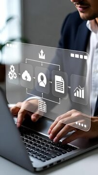 A programmer, engaged in agile development, uses a laptop to demonstrate software delivery methods. The focus is on continuous feedback and quick updates in a modern workspace