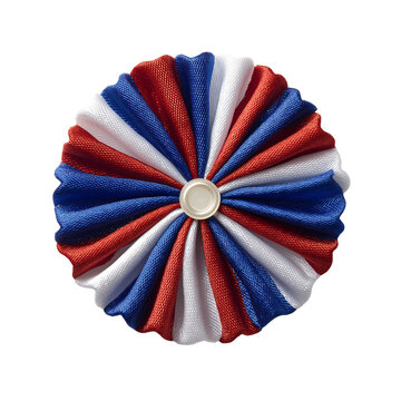 A single traditional Bastille Day patriotic cockade rosette in blue, white, and red satin ribbons. Isolated on a transparent background