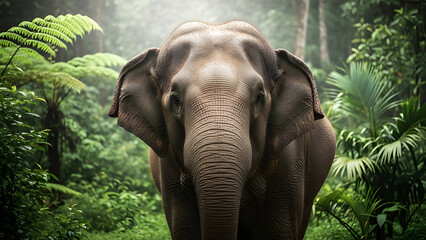 Fototapeta premium Asian elephant standing in dense jungle habitat under soft natural light.