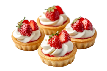 Tartlets with strawberries and whipped cream isolated on white background close up side view