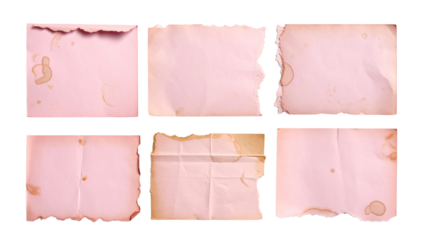 6 Pink Vintage Papers with Torn Edges Isolated on Transparent Background; PNG