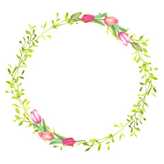 Obraz premium Watercolor Easter wreath with colorful tulips, and green branches. Festive spring floral frame for Easter cards, invitations, children designs, decorations, and holiday layouts.