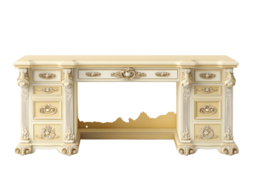 modern light yellow and cream wooden study desk bookshelf with elegant carving isolated on white background with clipping path