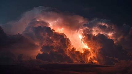 Obraz premium Fiery clouds illuminated by intense lightning 