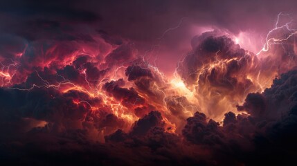 Fototapeta premium Fiery clouds illuminated by intense lightning 