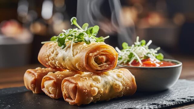 Crispy Spring Rolls Stacked Nicely With Greens and Dipping Sauce