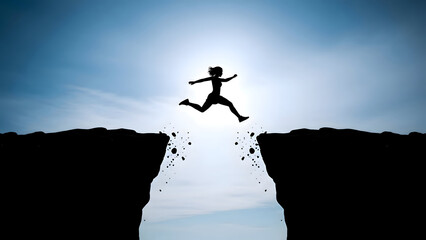 Strong Female Silhouette Jumping Between Rocks with Falling Debris and Blue Sky