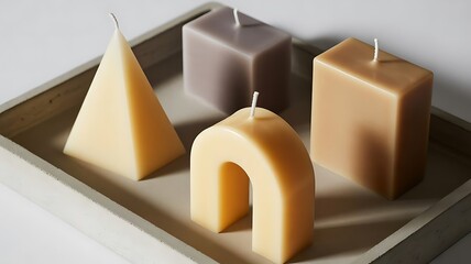 Assortment of decorative candles in various shapes and colors on a wooden tray, including a pyramid, arch, and cubes, displayed on a white surface.