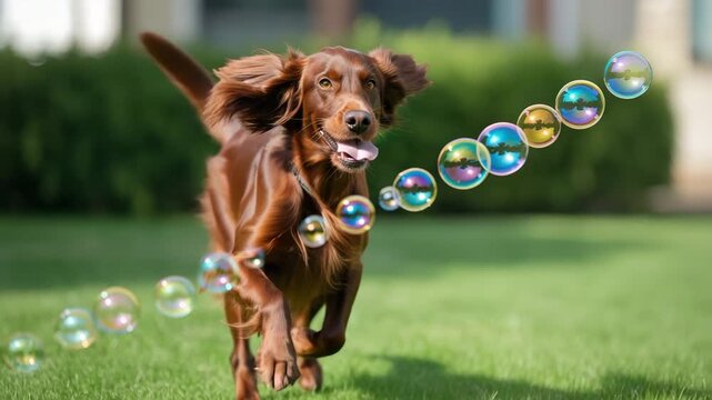 Graceful irish red setter running playfully through misty meadow