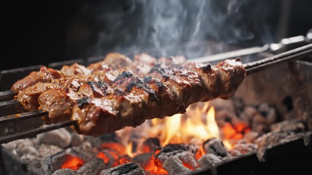 Cooking Meat Kebabs on Skewers Over Flaming Charcoal Grill