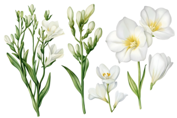 Freesia flowers and buds isolated on white background White blooming freesia twigs design elements