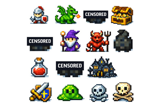A collection of pixel art elements in a pure retro 8-bit/RPG style (similar to classic JRPGs such as Final Fantasy, Zelda, or indie games such as Celeste/Undertale, but with humour and censorship).