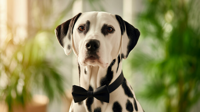 Dalmatian dog in black bow tie sitting proudly in bright room with green plants on blurred background