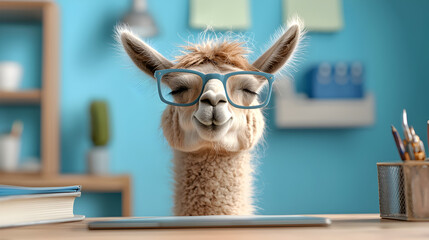 Obraz premium Happy relaxed llama CEO with glasses meditating in blue office. Content animal boss at desk feeling successful