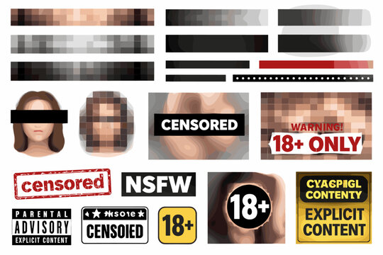 A set of censorship elements (censorship pack) for adult/NSFW content. Used in design, memes, stock illustrations, social media, or video editing to mask sensitive parts or warn about 18+ content.