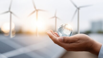 Human hand holding a small globe with wind turbines and solar panels in the background, symbolizing renewable energy and environmental sustainability