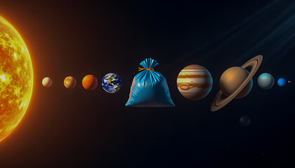 Large blue plastic garbage bag standing in line with planets of the solar system near a bright sun, cinematic lighting, ecological awareness campaign, environmental protection agency, or space cleanup