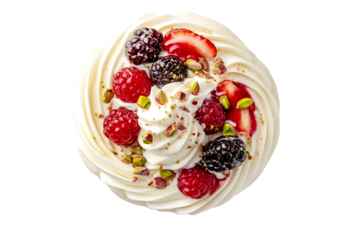 Perfect mini Pavlova cake with whipped mascarpone cream and fresh berries slices sprinkled with crushed pistachios and almond top view isolated on whit